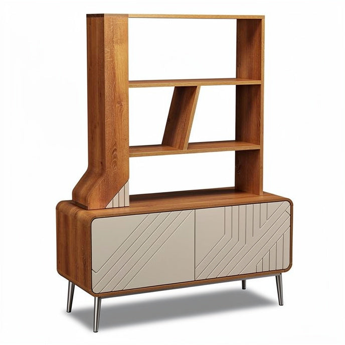 **Modern Wooden Storage Unit with Open Shelves and Geometric Design**