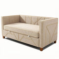 **Modern Beige Sofa with Geometric Pattern and Storage Functionality**