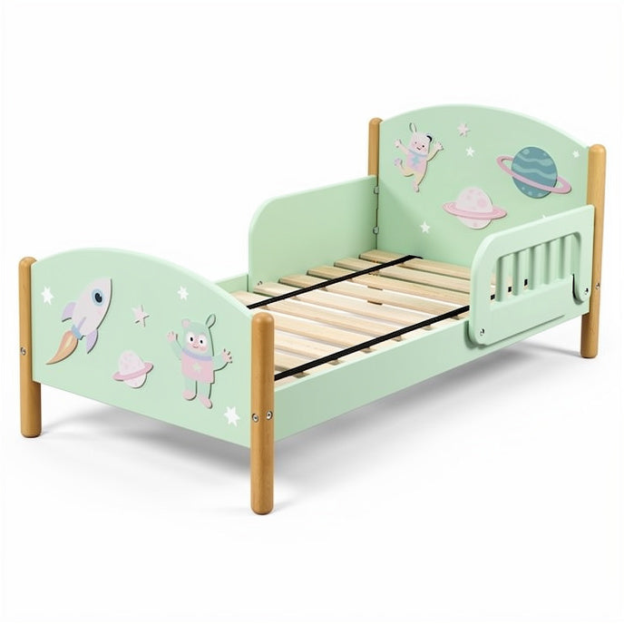 **Children's Bed with Space Theme and Wooden Frame**
