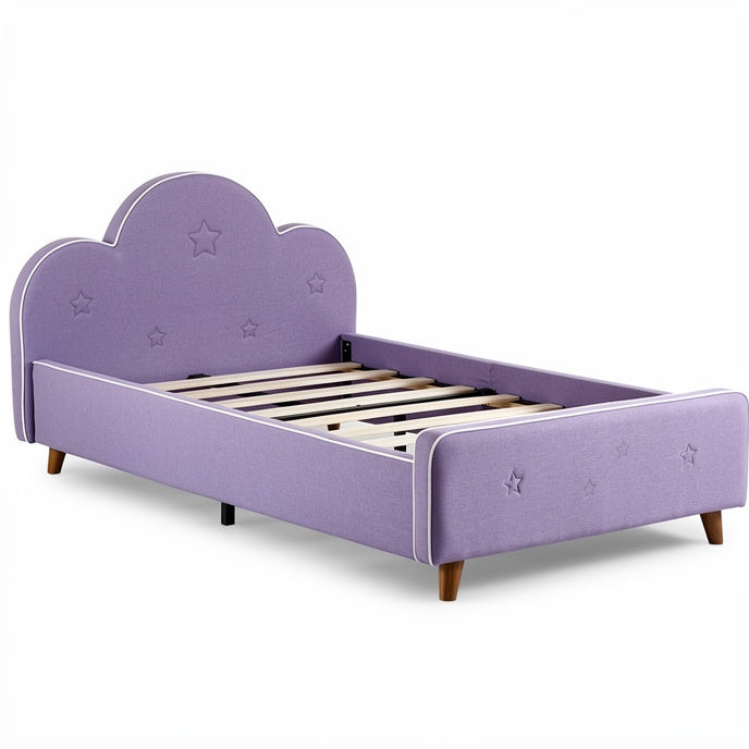**Children's Cloud-Shaped Upholstered Bed in Purple with Wooden Legs**